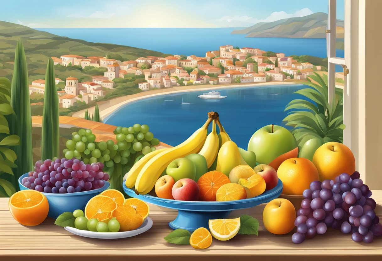 A colorful array of fresh fruits arranged on a table, including apples, grapes, oranges, and bananas, with a backdrop of a Mediterranean landscape