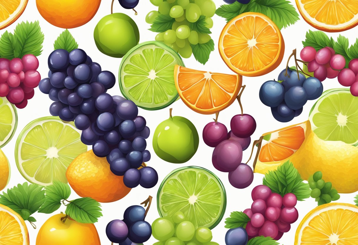 A colorful array of fresh fruits like berries, grapes, and citrus, with a variety of textures and shapes. Avoid any processed or pre-packaged fruits