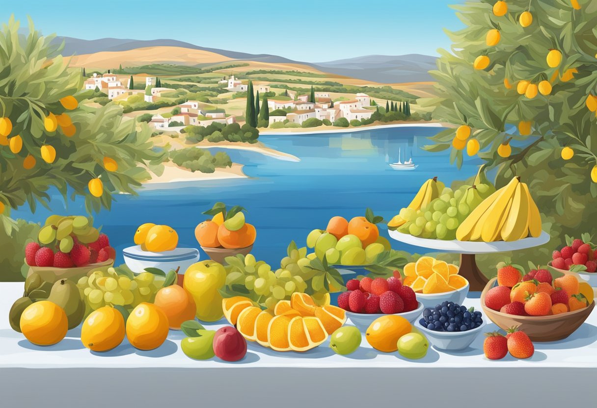 A colorful array of fresh fruits arranged on a table, with a backdrop of a Mediterranean landscape featuring olive trees and a clear blue sky