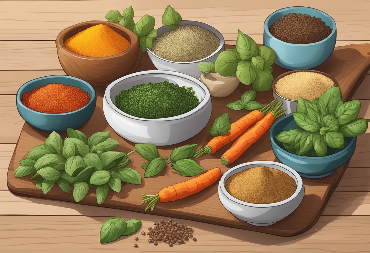 A colorful array of herbs and spices, including basil, oregano, thyme, and paprika, arranged on a wooden cutting board next to a bowl of quinoa and a variety of fresh vegetables