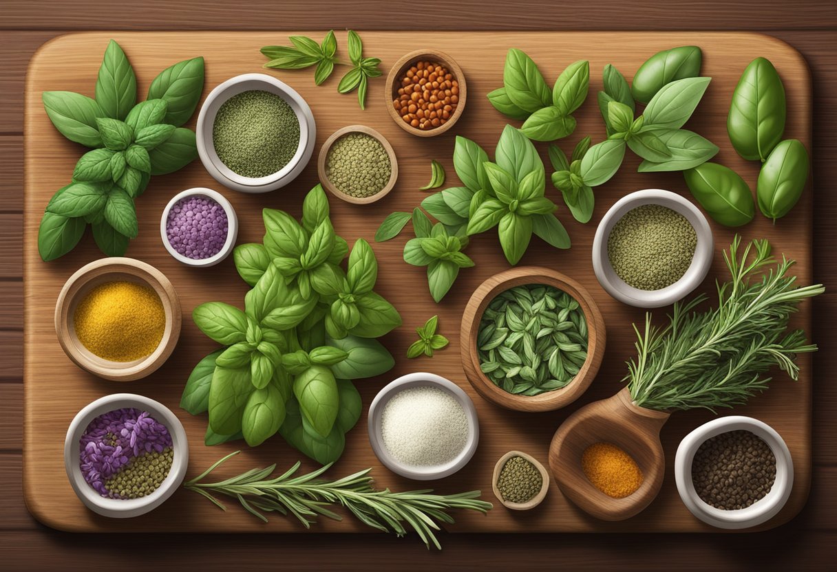 A colorful array of fresh herbs and spices, including basil, oregano, thyme, and rosemary, are neatly arranged on a rustic wooden cutting board, ready to be used in gluten-free Mediterranean dishes