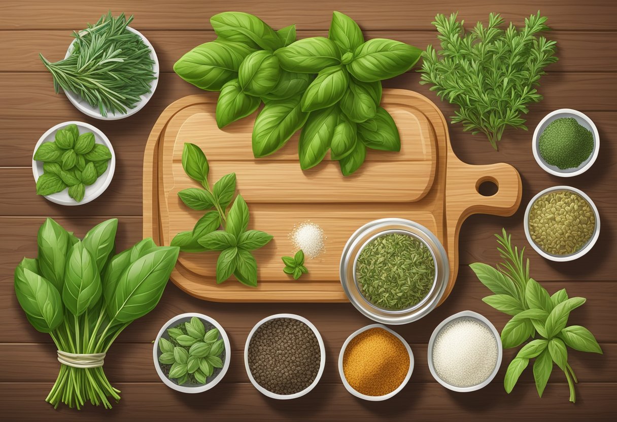 A colorful array of fresh herbs and spices, including basil, oregano, thyme, and rosemary, are neatly arranged on a wooden cutting board, ready to be used in gluten-free Mediterranean dishes