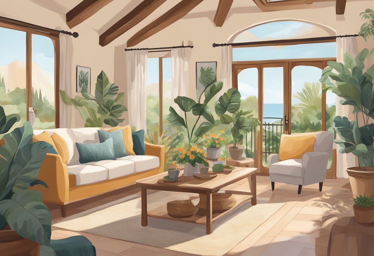 A cozy Mediterranean home with open spaces, natural light, and soothing colors. Plants, soft textiles, and comfortable furniture promote relaxation and well-being