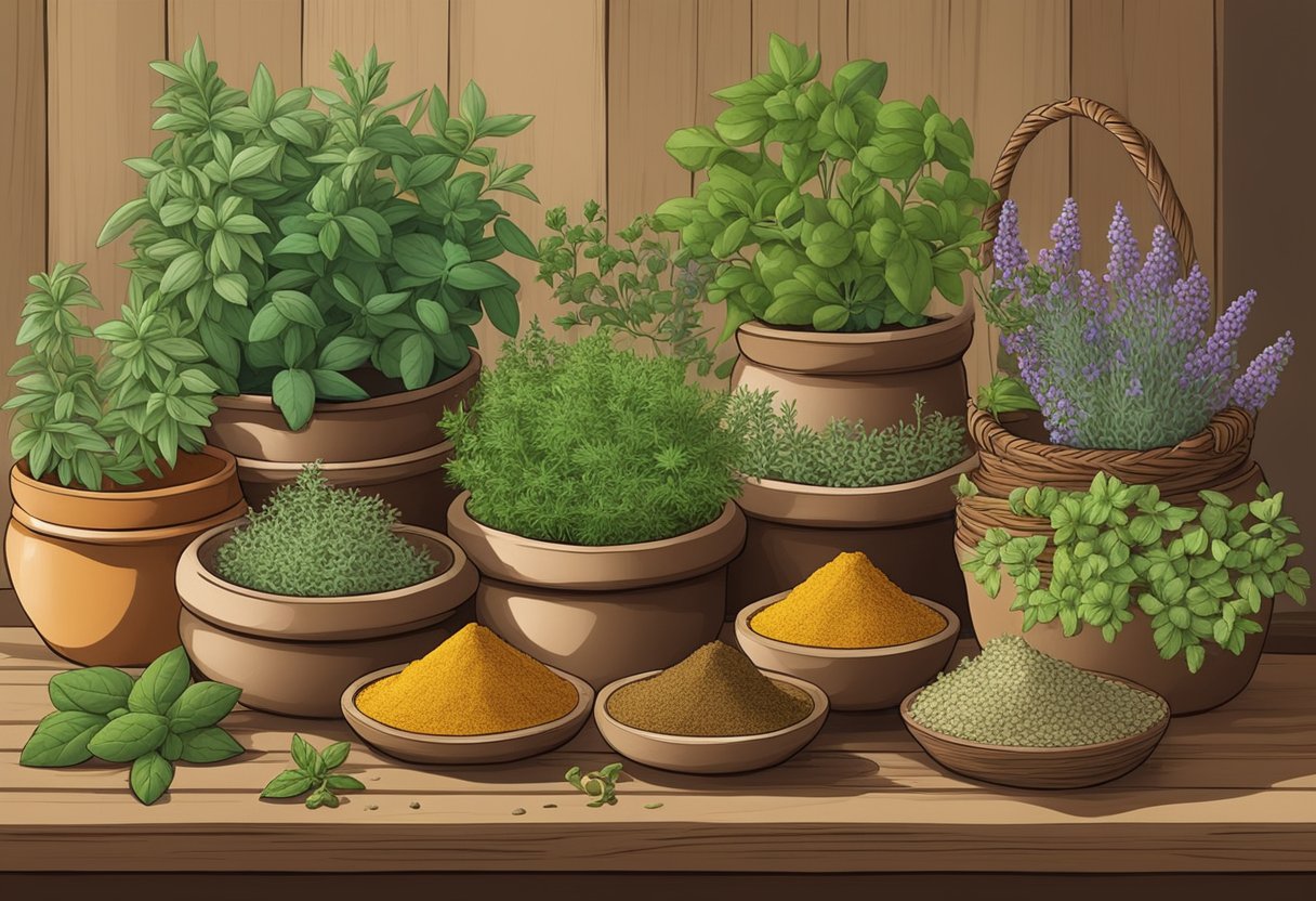 A colorful array of herbs and spices from the Mediterranean region, including oregano, thyme, rosemary, and saffron, are displayed in traditional clay pots and woven baskets on a rustic wooden table