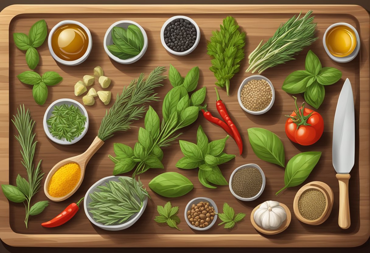 A variety of fresh herbs and spices are arranged on a wooden cutting board, ready to be used in meal preparation for the gluten-free Mediterranean diet