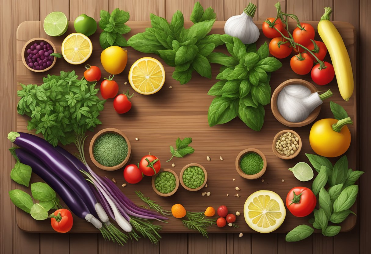 A variety of fresh herbs and spices arranged on a wooden cutting board, surrounded by colorful vegetables and fruits