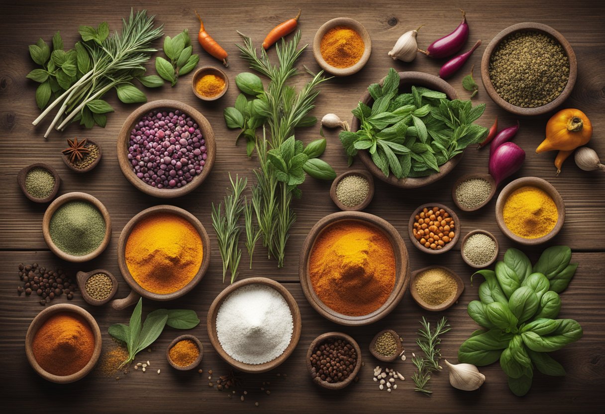 A colorful array of herbs and spices arranged on a rustic wooden table, with Mediterranean ingredients in the background