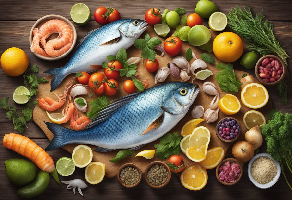 A colorful array of fresh Mediterranean fish and seafood arranged on a rustic wooden table, surrounded by vibrant fruits, vegetables, and herbs