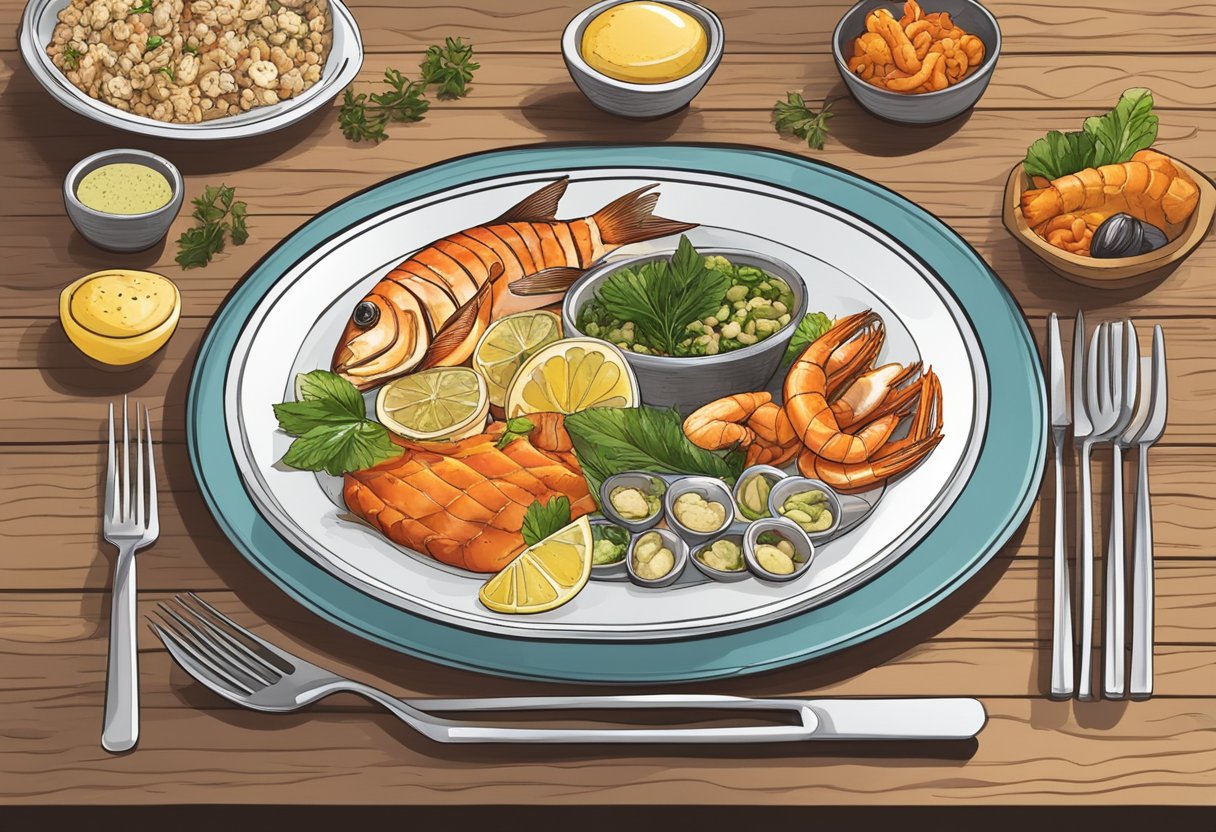 A plate of Mediterranean fish and seafood with gluten-free sides on a table at a restaurant