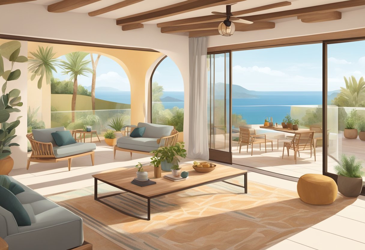 A sunny Mediterranean home with open views, outdoor connections, and natural light. A peaceful, airy space with flowing lines and earthy colors, promoting well-being and relaxation