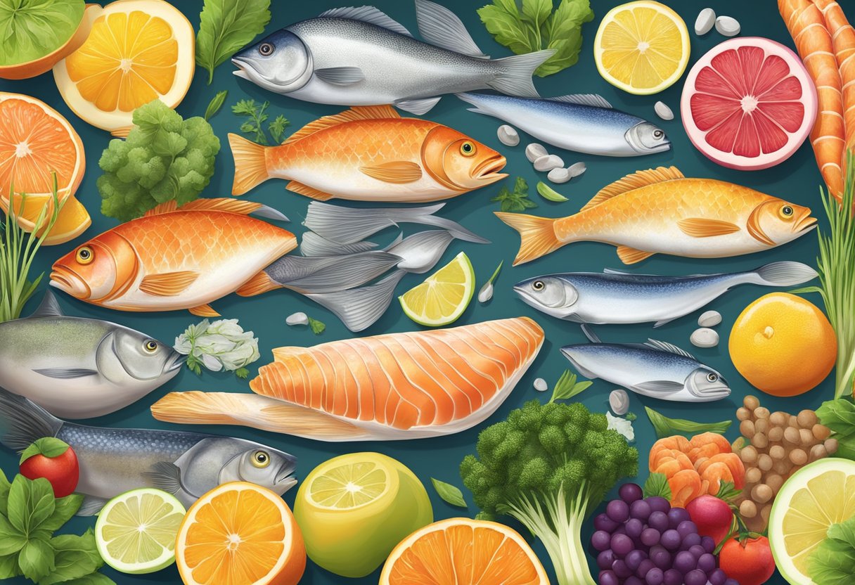 A colorful array of fresh fish and seafood surrounded by vibrant fruits, vegetables, and herbs, with a prominent display of nutritional information and guidelines for the gluten-free Mediterranean diet