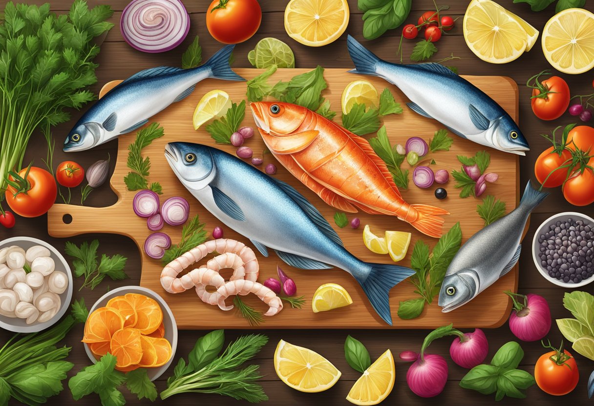 A colorful array of fresh Mediterranean fish and seafood arranged on a wooden cutting board with vibrant vegetables and herbs in the background