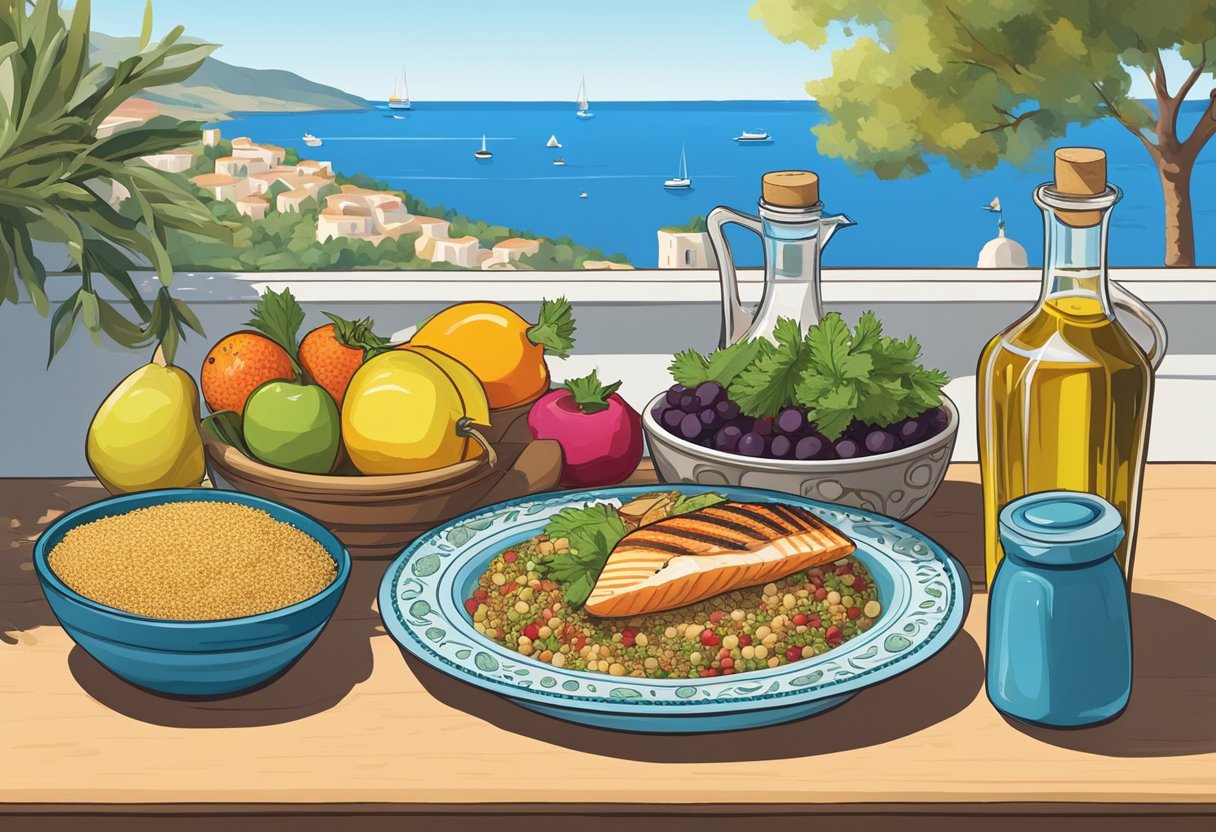 A colorful array of fruits, vegetables, nuts, and seeds spread out on a rustic wooden table, with a backdrop of sun-drenched Mediterranean landscapes