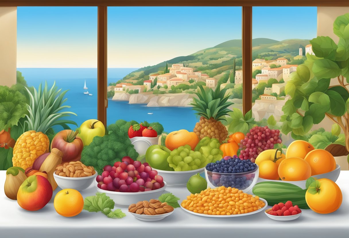 A table set with a colorful array of antioxidant-rich fruits, vegetables, nuts, and grains, with a backdrop of Mediterranean scenery