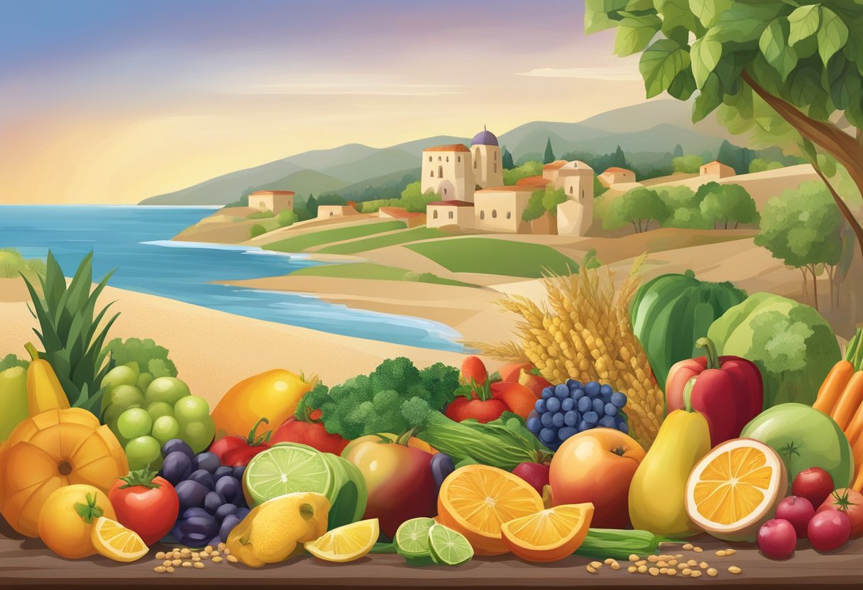 A colorful spread of fresh fruits, vegetables, and grains, with a focus on gluten-free alternatives. A Mediterranean backdrop adds a touch of authenticity