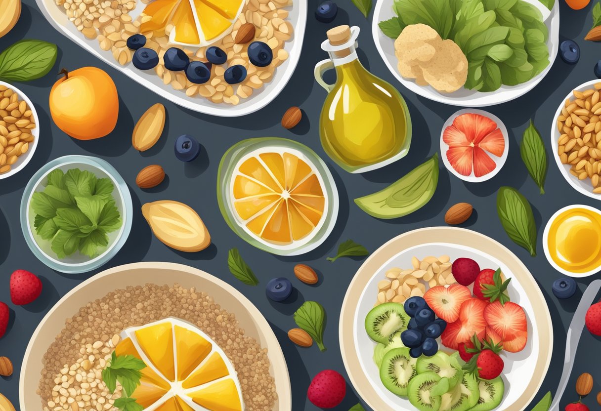 A table set with a colorful array of fresh fruits, vegetables, nuts, and grains, alongside a bottle of olive oil and a bowl of hummus