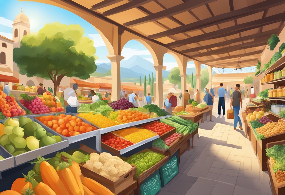 A bustling Mediterranean market with colorful produce and a variety of gluten-free products on display. The sun shines down on a vibrant scene of healthy living