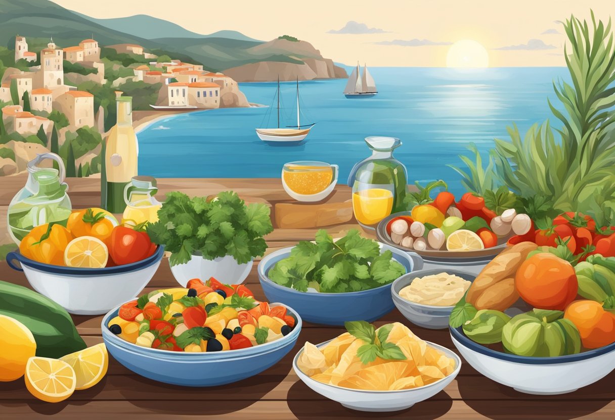 A table set with colorful Mediterranean dishes, surrounded by fresh produce and a variety of gluten-free ingredients. A serene coastal landscape in the background