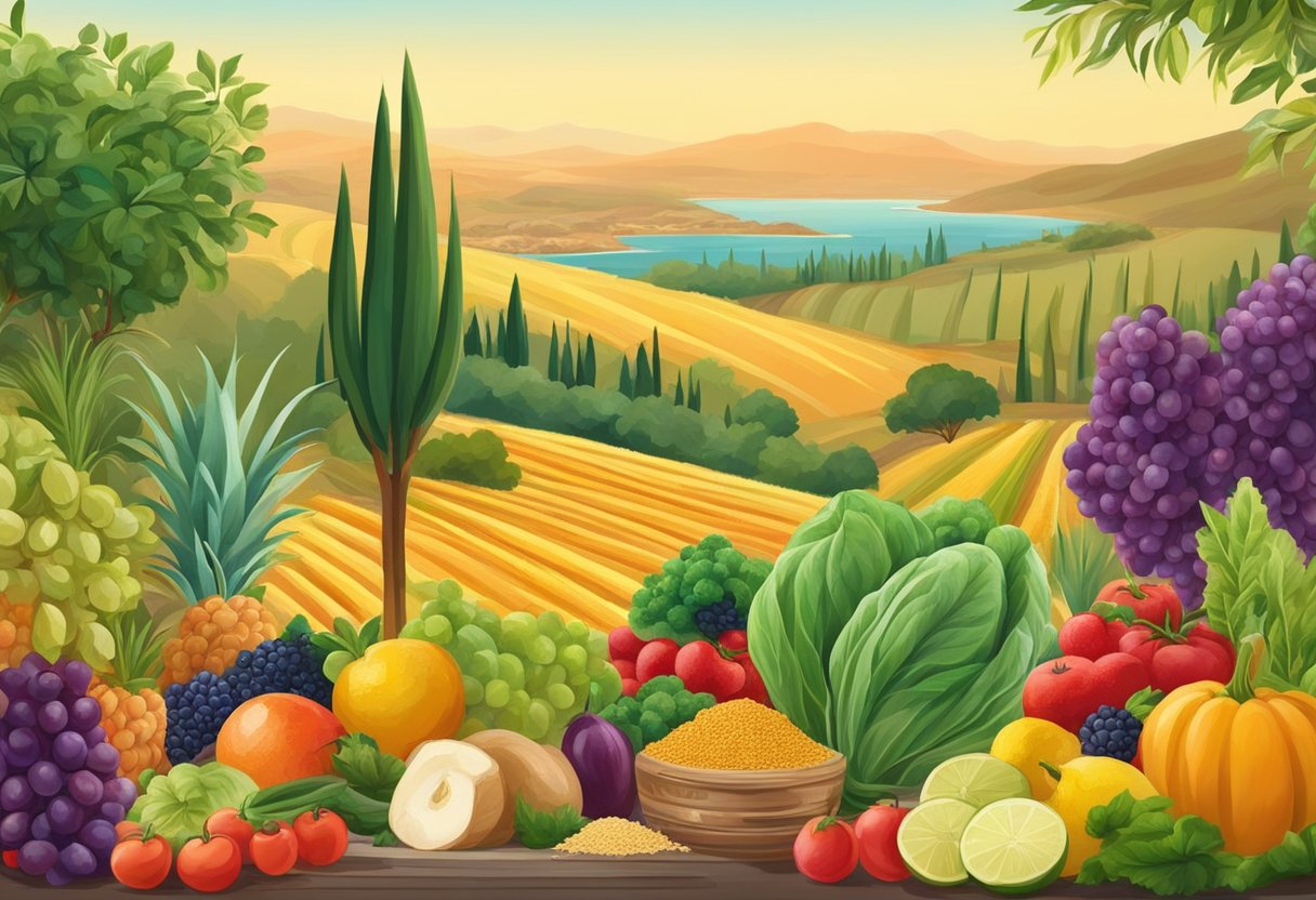 A colorful Mediterranean landscape with fresh fruits, vegetables, and grains. A scientist observes gluten-free products and research materials