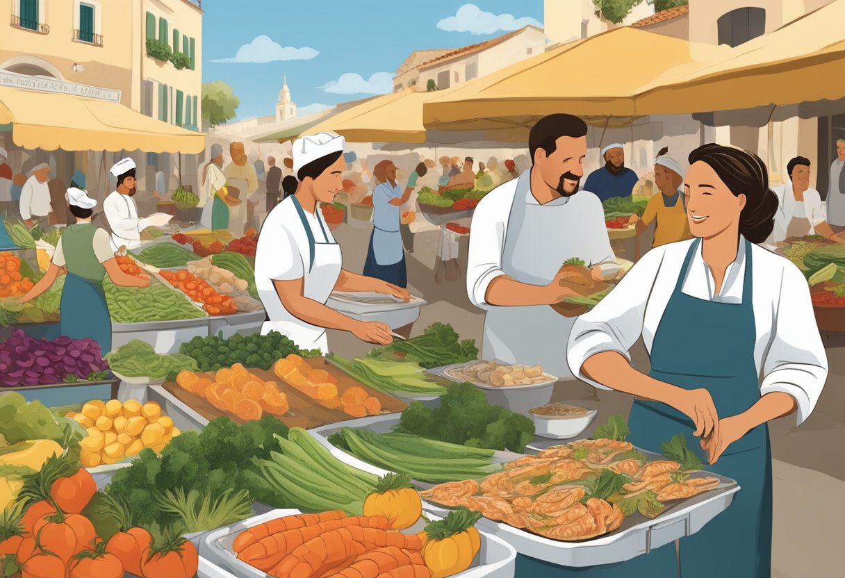 A bustling Mediterranean marketplace with vendors selling fresh produce, seafood, and gluten-free products. A chef prepares a traditional gluten-free meal while a nutritionist educates a group on the benefits of the Mediterranean diet