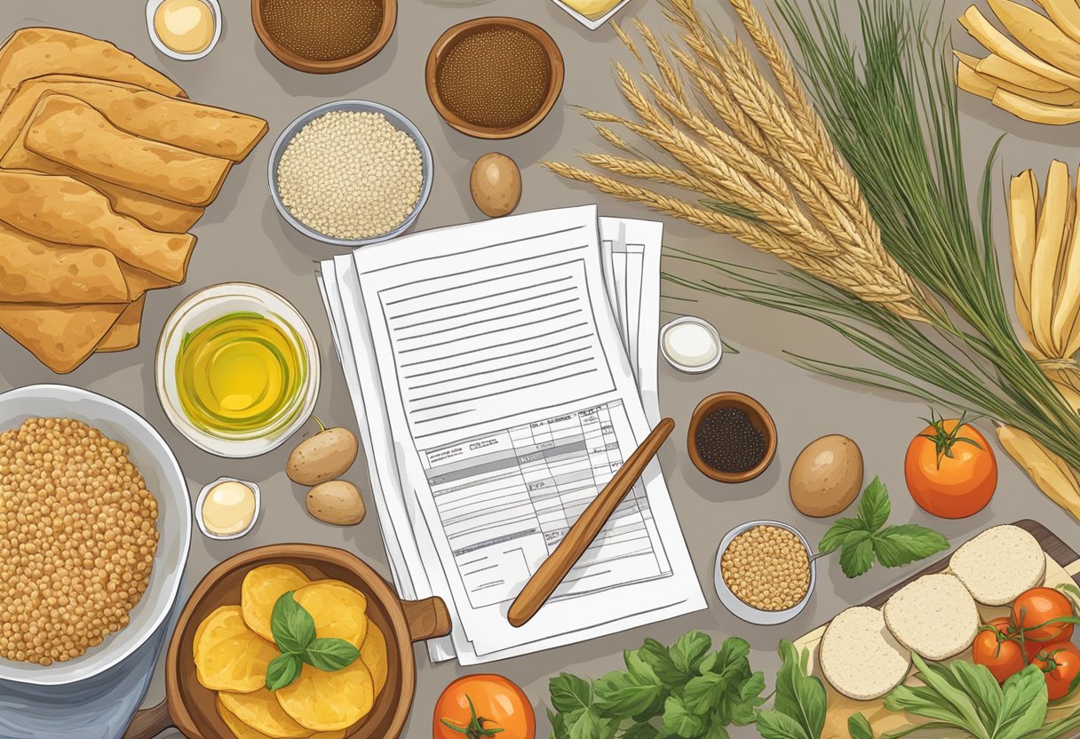 A table with various Mediterranean foods and a stack of regulatory documents, symbolizing the intersection of gluten-free living and government regulations