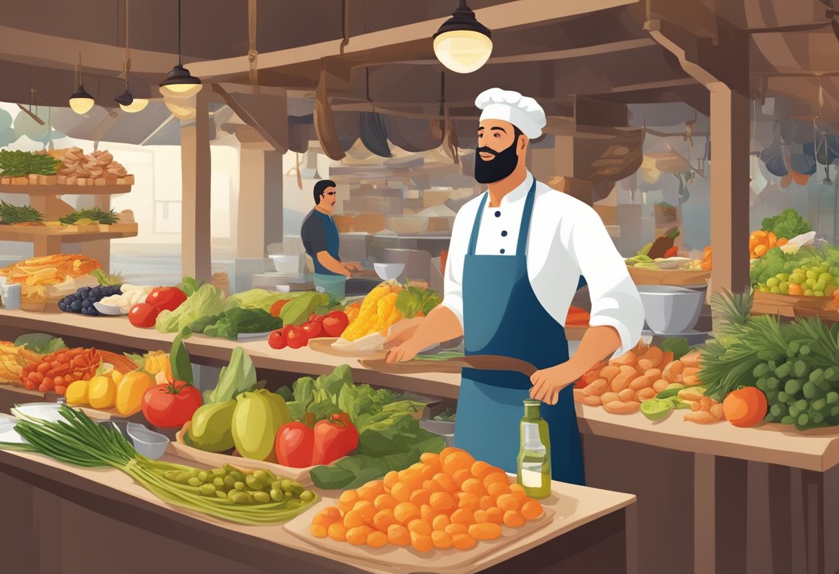 A bustling Mediterranean market with colorful produce, olive oil, and fresh seafood. A chef prepares gluten-free dishes while customers ask questions