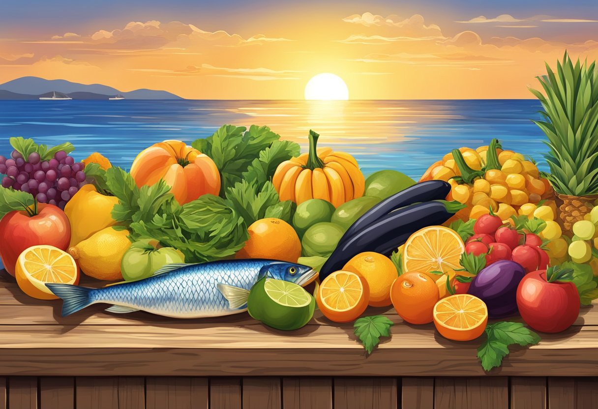 The sun sets over a colorful array of fresh fruits, vegetables, and fish on a rustic wooden table by the Mediterranean Sea