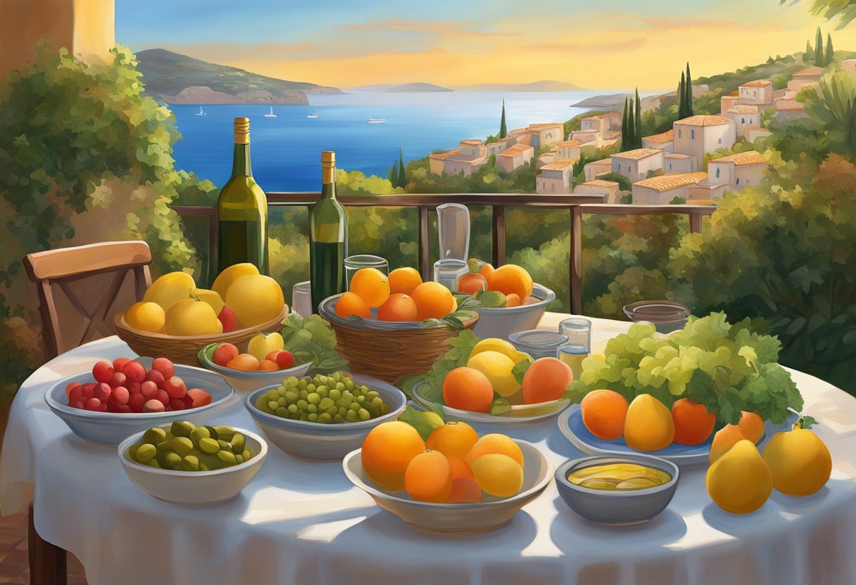 The sun sets over the calm Mediterranean sea, casting a warm glow on a table filled with fresh fruits, vegetables, olive oil, and fish. A traditional Mediterranean village sits in the background, surrounded by lush greenery