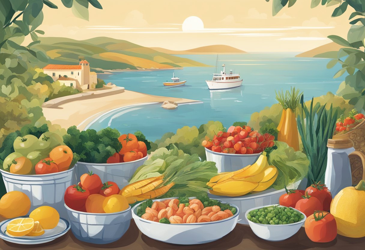 The illustration shows a serene Mediterranean landscape with fresh fruits, vegetables, and seafood. A gluten-free meal is prepared, highlighting the diet's focus on natural, unprocessed ingredients