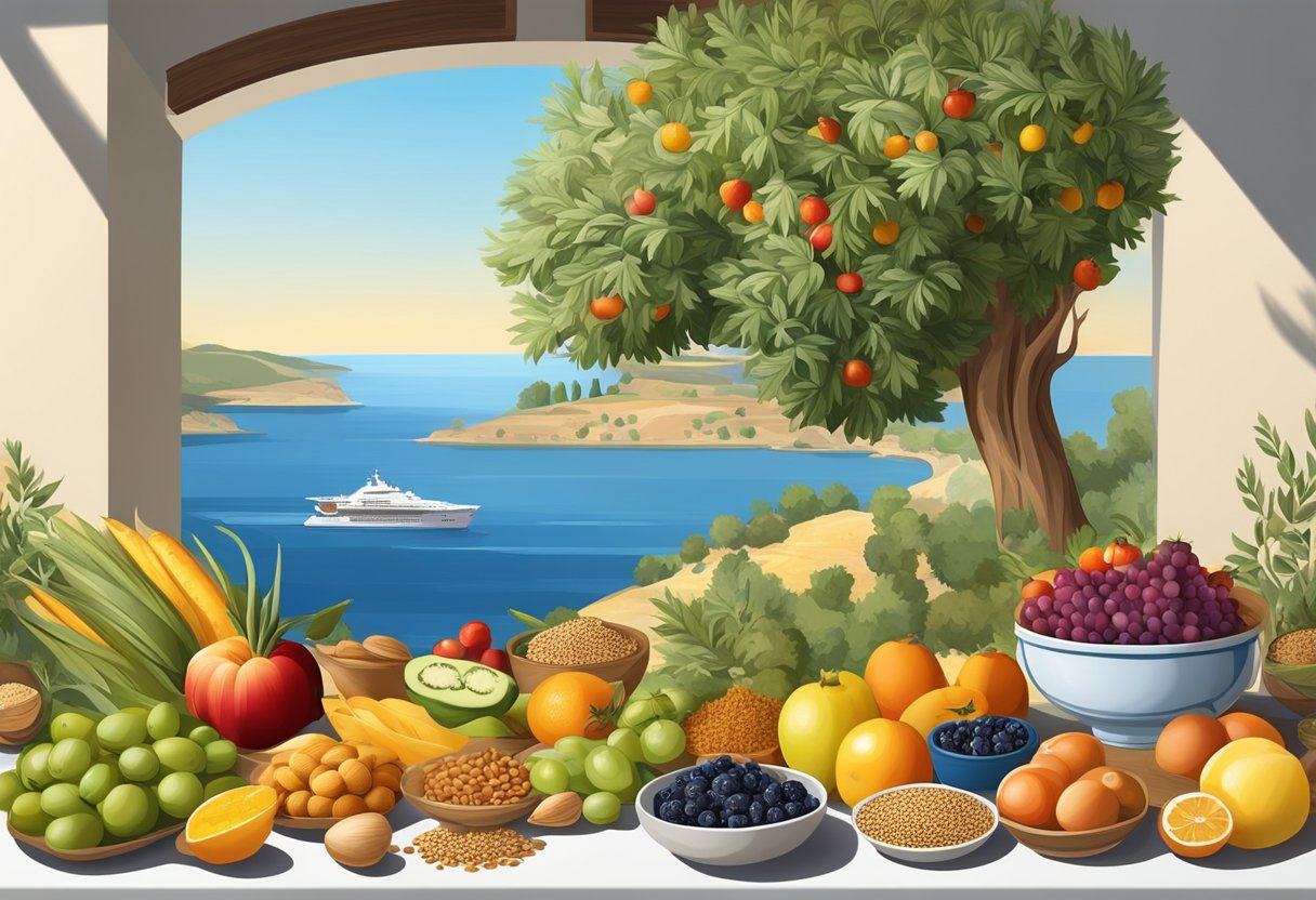 A table filled with colorful fruits, vegetables, nuts, and grains, surrounded by olive trees and a calm sea, symbolizing the moderation and variety of the gluten-free Mediterranean diet