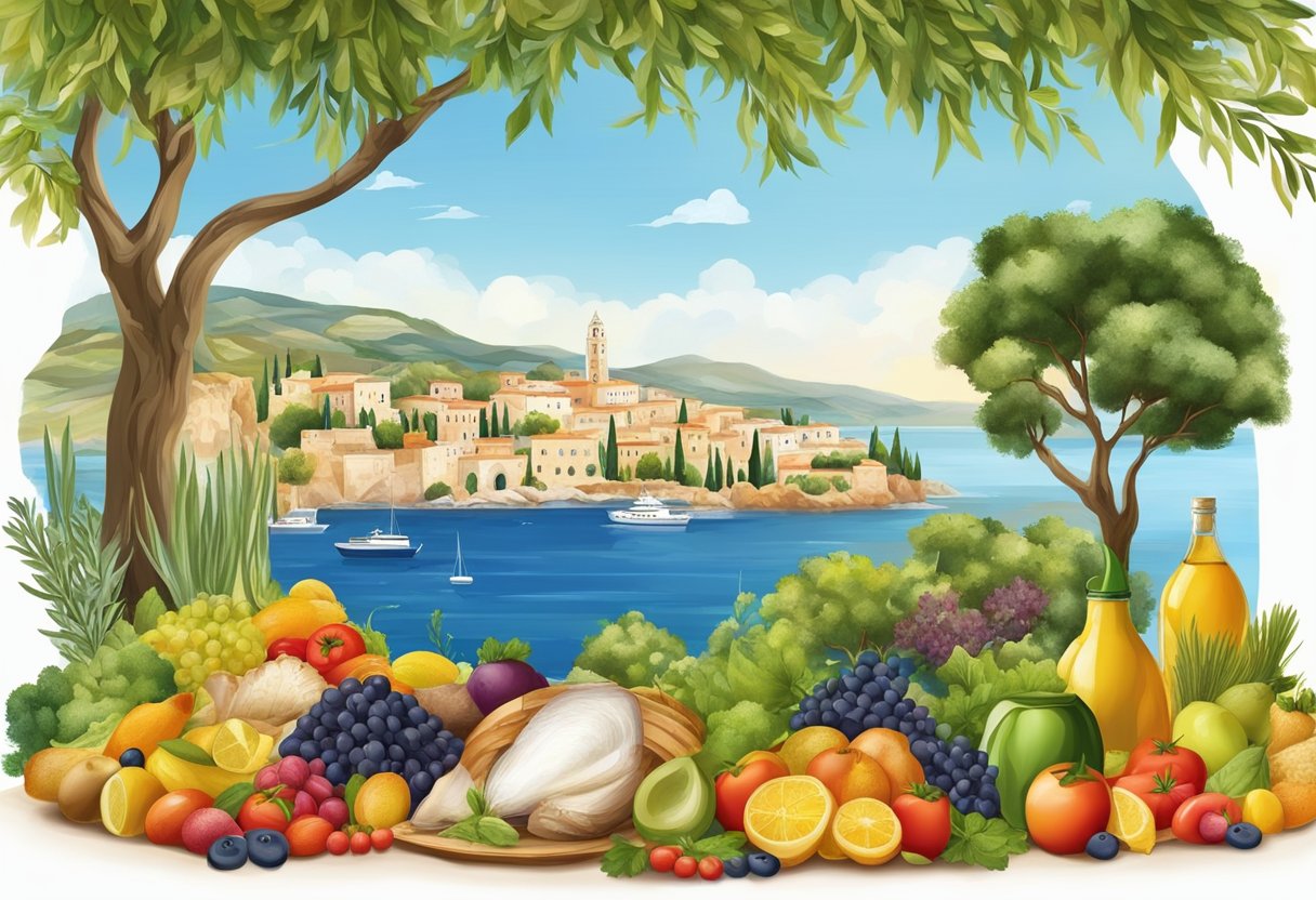 The Mediterranean Sea with a variety of fish, olive trees, and colorful fruits and vegetables, all representing the specific nutrients and food groups of the gluten-free Mediterranean diet