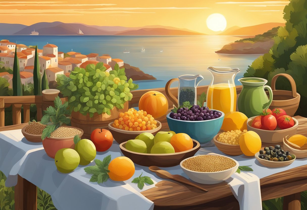 The sun sets over a scenic Mediterranean coastline, with an array of colorful fruits, vegetables, and gluten-free grains displayed on a rustic wooden table. A gentle sea breeze carries the aroma of fresh herbs and olives