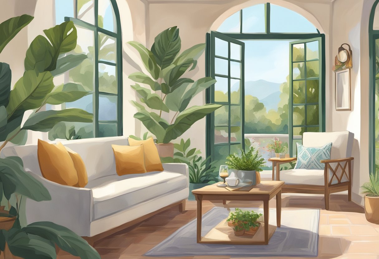 A serene Mediterranean home with natural light, open spaces, and calming colors. A cozy reading nook and a peaceful outdoor patio with lush greenery