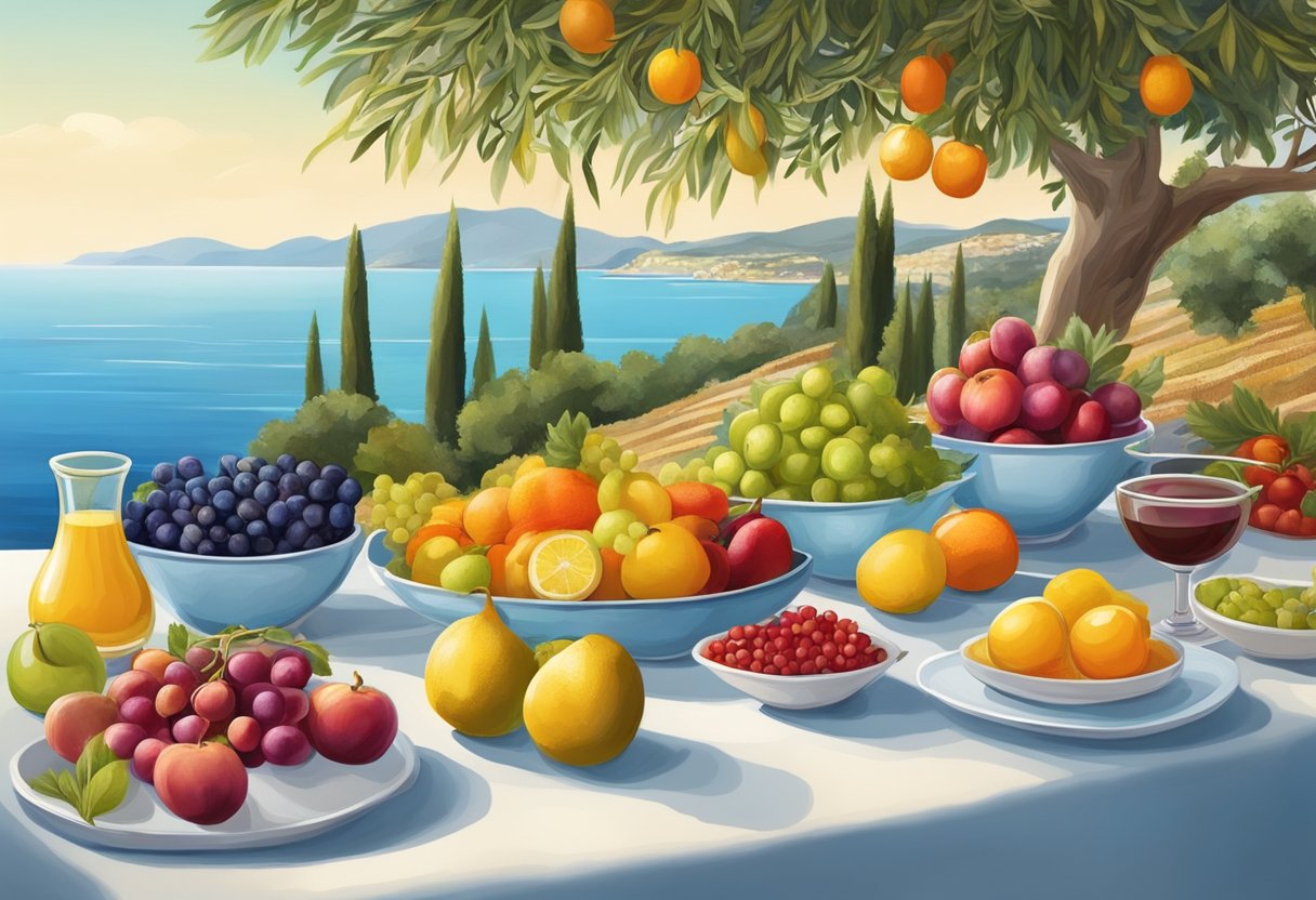 A table set with colorful fruits, vegetables, and grains, surrounded by olive trees and the blue waters of the Mediterranean Sea