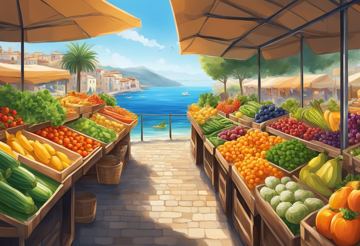 The vibrant colors of fresh fruits and vegetables spill out from a traditional Mediterranean market, with the crystal-clear waters of the sea glistening in the background