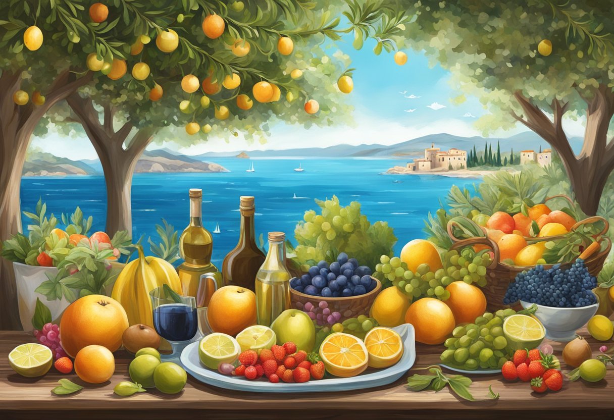 The Mediterranean Sea gently kisses the shores, as an array of vibrant fruits, vegetables, and seafood lay scattered across a rustic wooden table, surrounded by olive trees and blooming flowers