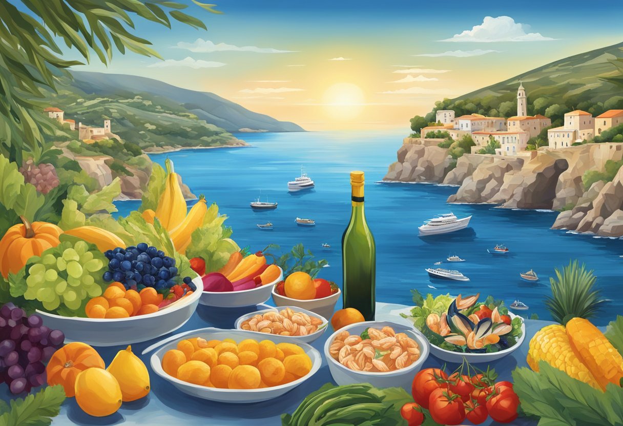 The Mediterranean Sea, with its deep blue waters and rocky coastline, provides the backdrop for the gluten-free Mediterranean diet. A variety of fresh fruits, vegetables, and seafood are showcased in vibrant colors against the backdrop of the sea