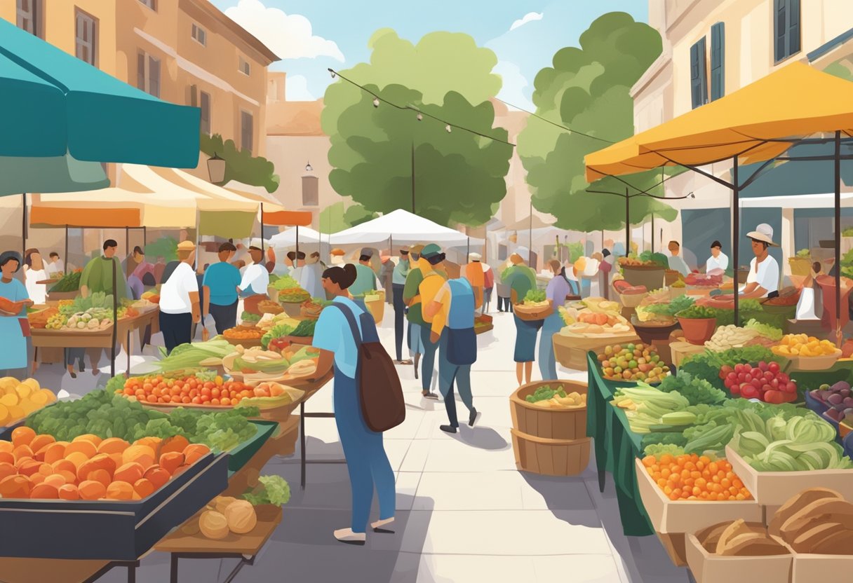 A bustling farmers market with colorful produce and a variety of gluten-free Mediterranean dishes being served at outdoor tables