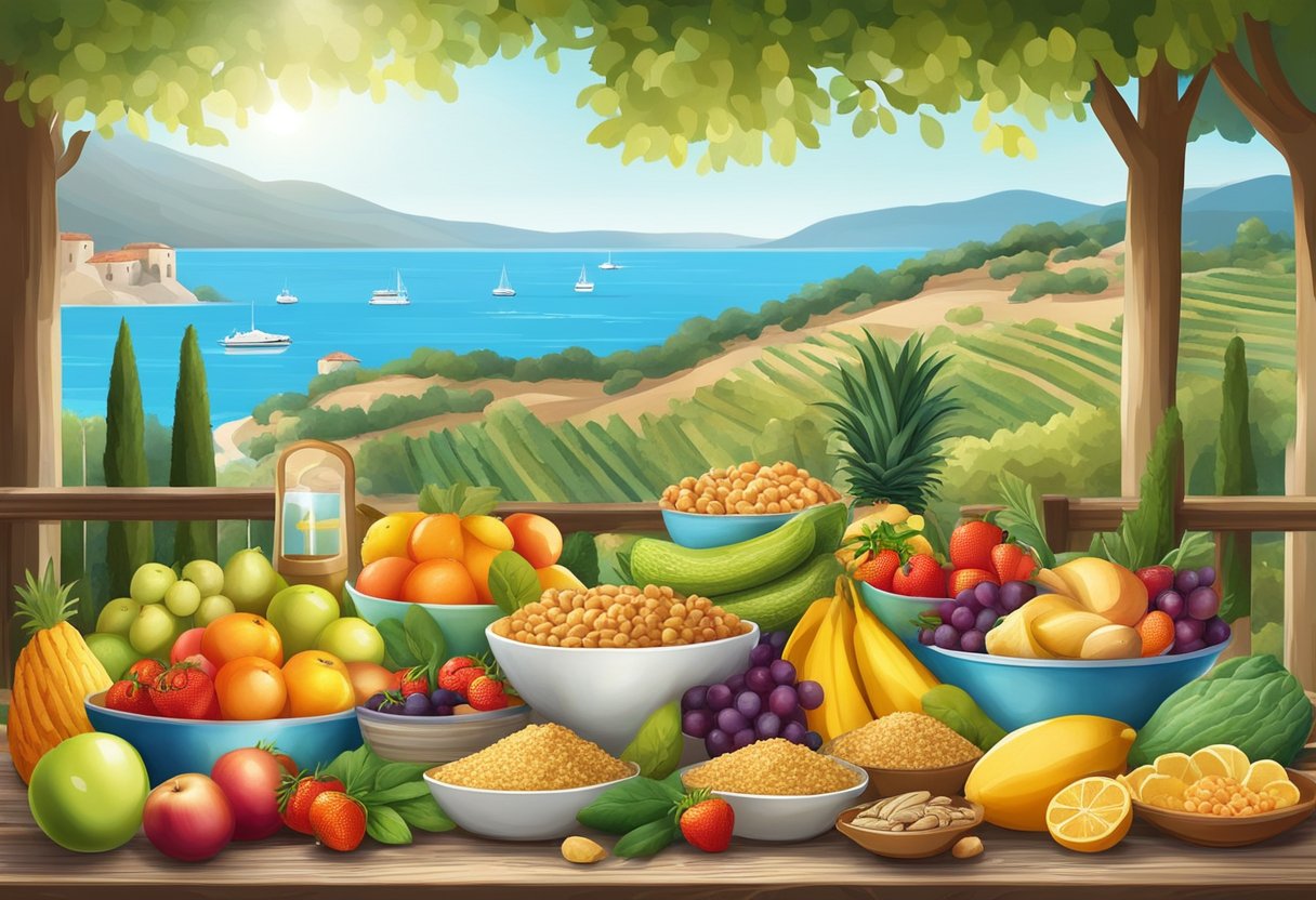 A colorful array of fresh fruits, vegetables, whole grains, and seafood arranged on a rustic wooden table, with a backdrop of olive trees and a sparkling Mediterranean sea