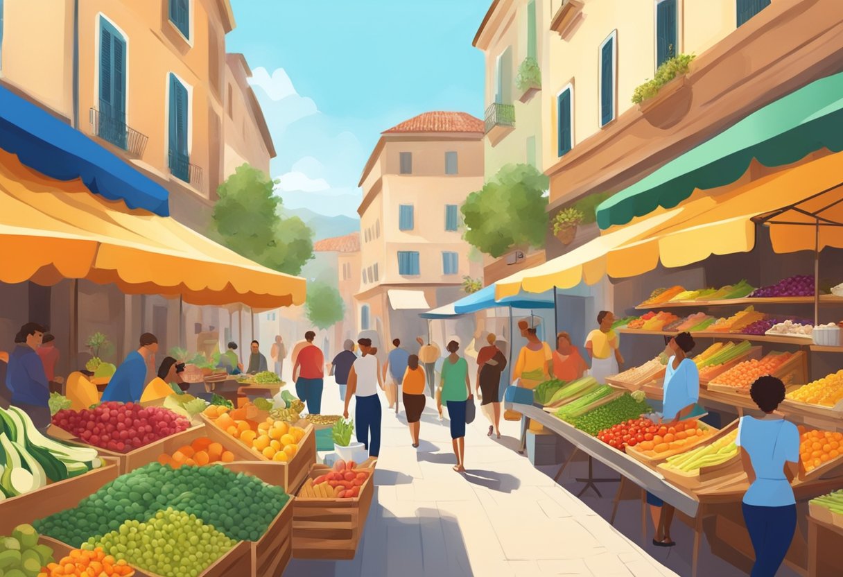 A vibrant Mediterranean market with colorful fruits, vegetables, and grains. A sunny day with people enjoying fresh, wholesome foods