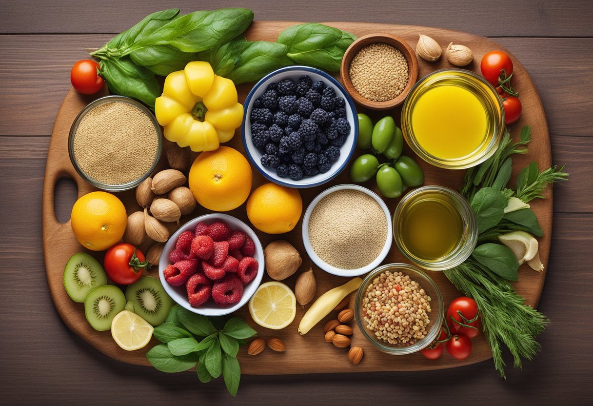 A colorful array of fresh fruits, vegetables, nuts, and grains arranged on a wooden cutting board, with a bottle of olive oil and a bowl of quinoa, showcasing the diverse and nutritious ingredients of the gluten-free Mediterranean diet