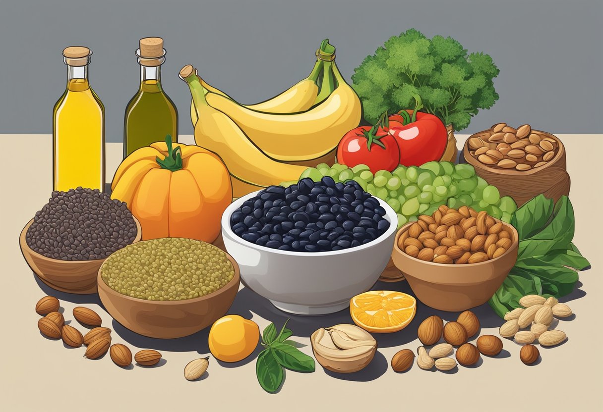 A colorful array of fresh fruits, vegetables, nuts, seeds, and whole grains arranged on a table, with a bottle of olive oil and a bowl of legumes nearby