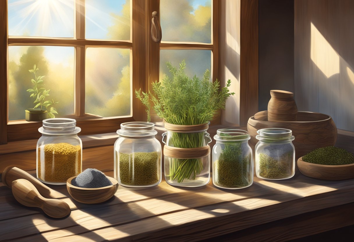 A rustic wooden table holds various dried herbs, mortar and pestle, and glass jars. Sunlight streams through a window, casting warm shadows on the scene