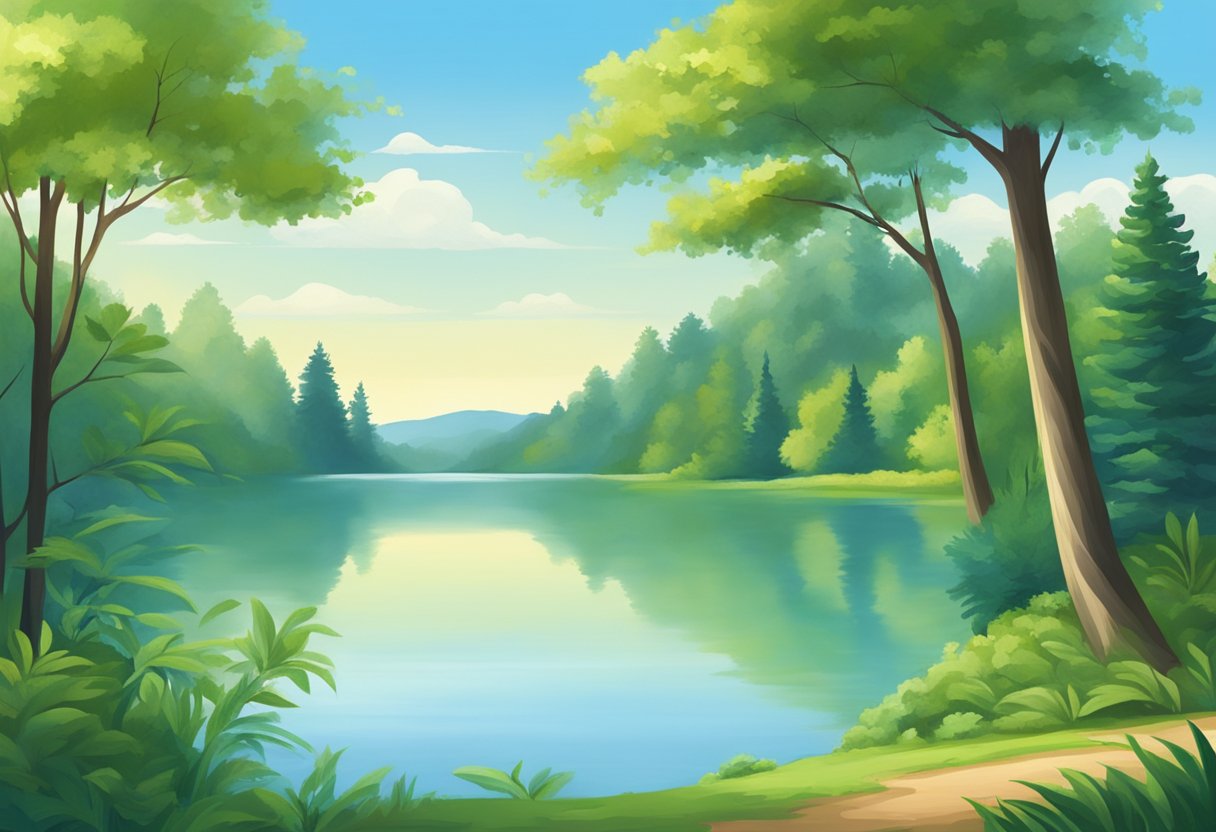 A serene nature scene with a calm lake, lush greenery, and a clear blue sky, evoking a sense of peace and tranquility