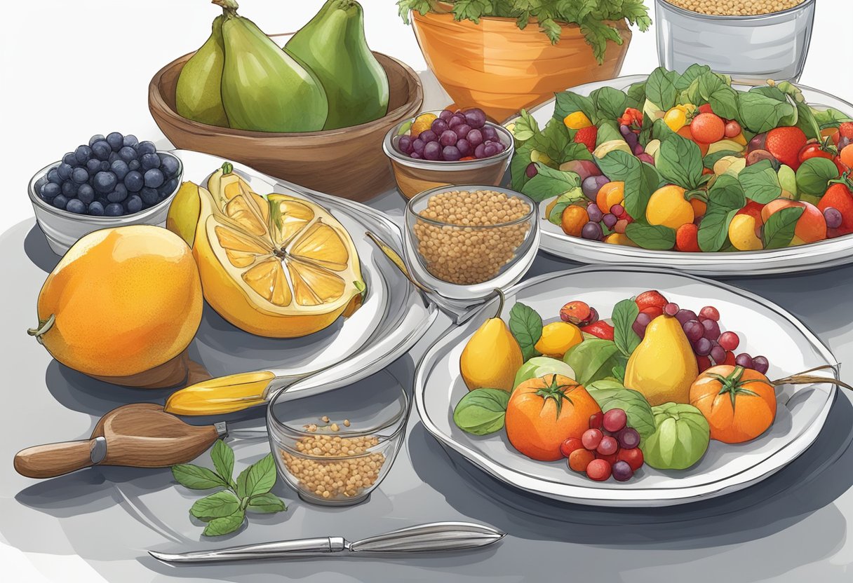 A table set with colorful Mediterranean fruits, vegetables, and grains. A journal and pen sit next to a plate of gluten-free dishes