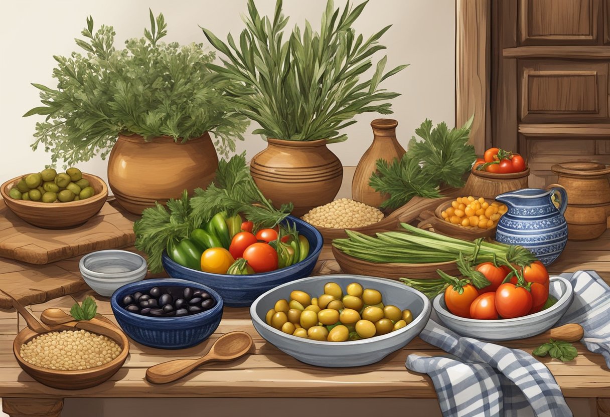 A rustic Mediterranean table set with fresh vegetables, olives, and gluten-free grains, surrounded by traditional pottery and textiles