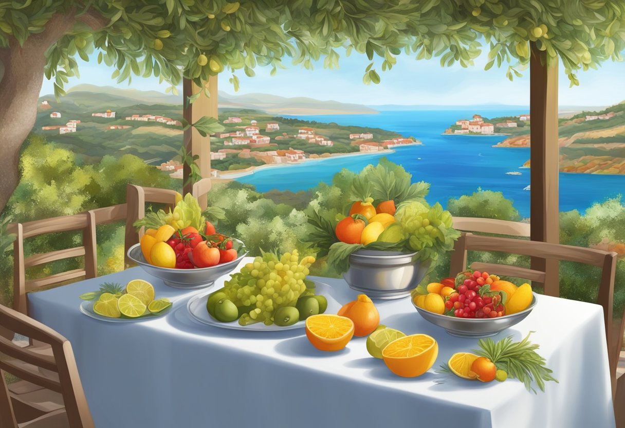 A table set with colorful fruits, vegetables, and grains, surrounded by olive trees and a sparkling Mediterranean sea