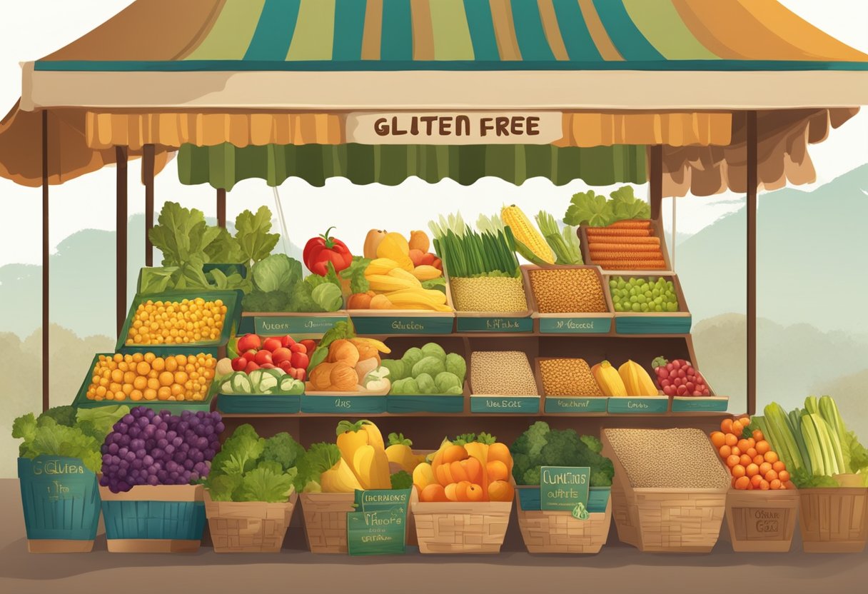 A colorful market stall with fresh fruits, vegetables, and grains. A sign reads "Gluten-Free" and "Mediterranean Diet." The sun shines on the vibrant produce