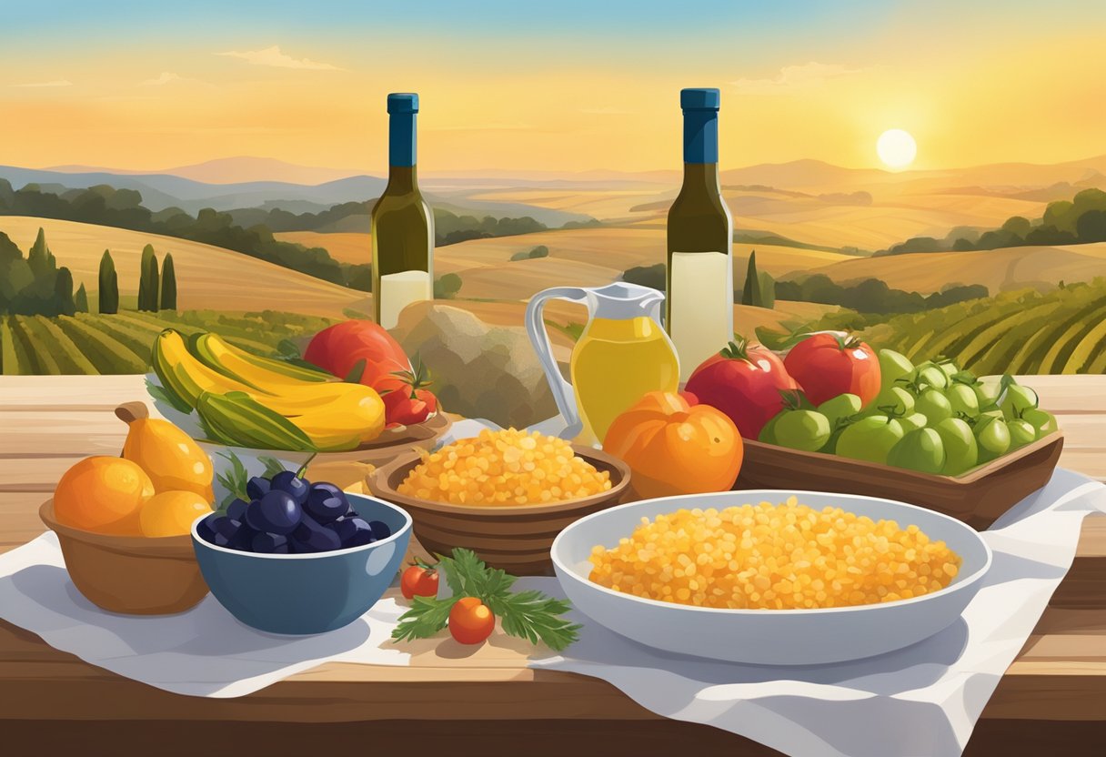 A table set with vibrant, seasonal Mediterranean fruits, vegetables, and grains, accompanied by gluten-free bread and olive oil. The sun casts a warm glow over the spread, creating a welcoming and appetizing scene