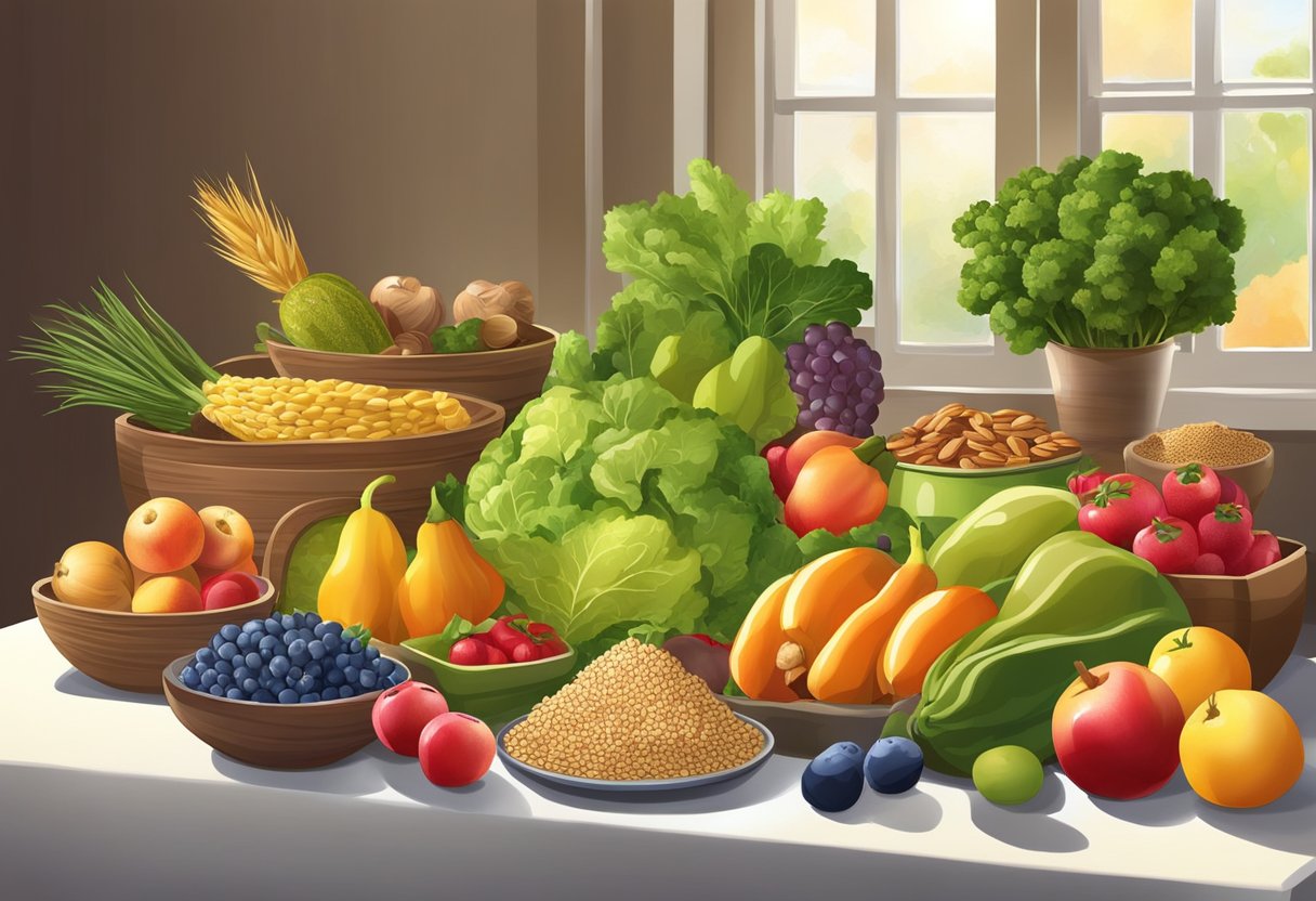 A table set with colorful fruits, vegetables, nuts, and grains. The sun shines on a variety of fresh produce, showcasing seasonal eating on the gluten-free Mediterranean diet